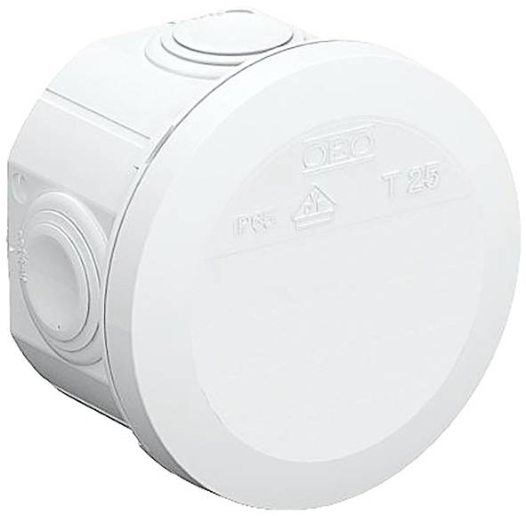 A round, white junction box with multiple side openings for cable installations.