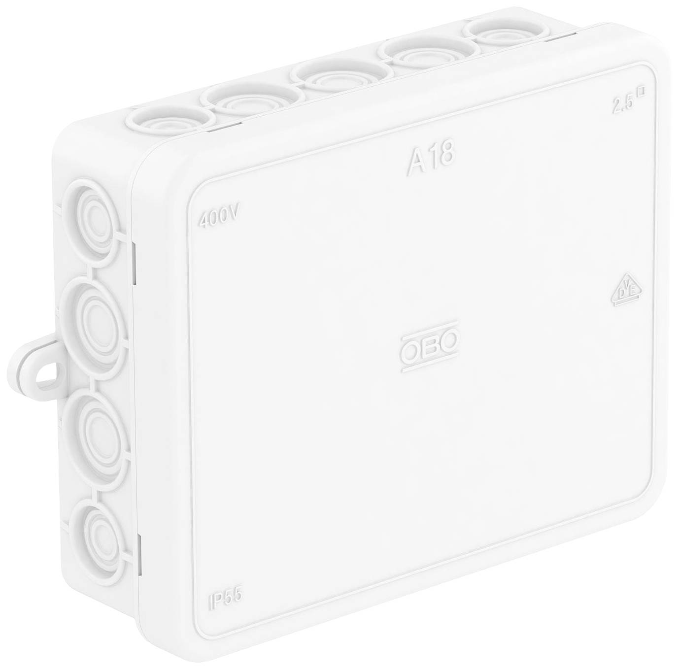 White junction box with multiple side entries. Markings such as '400V' and 'IP56' are visible on the front face.