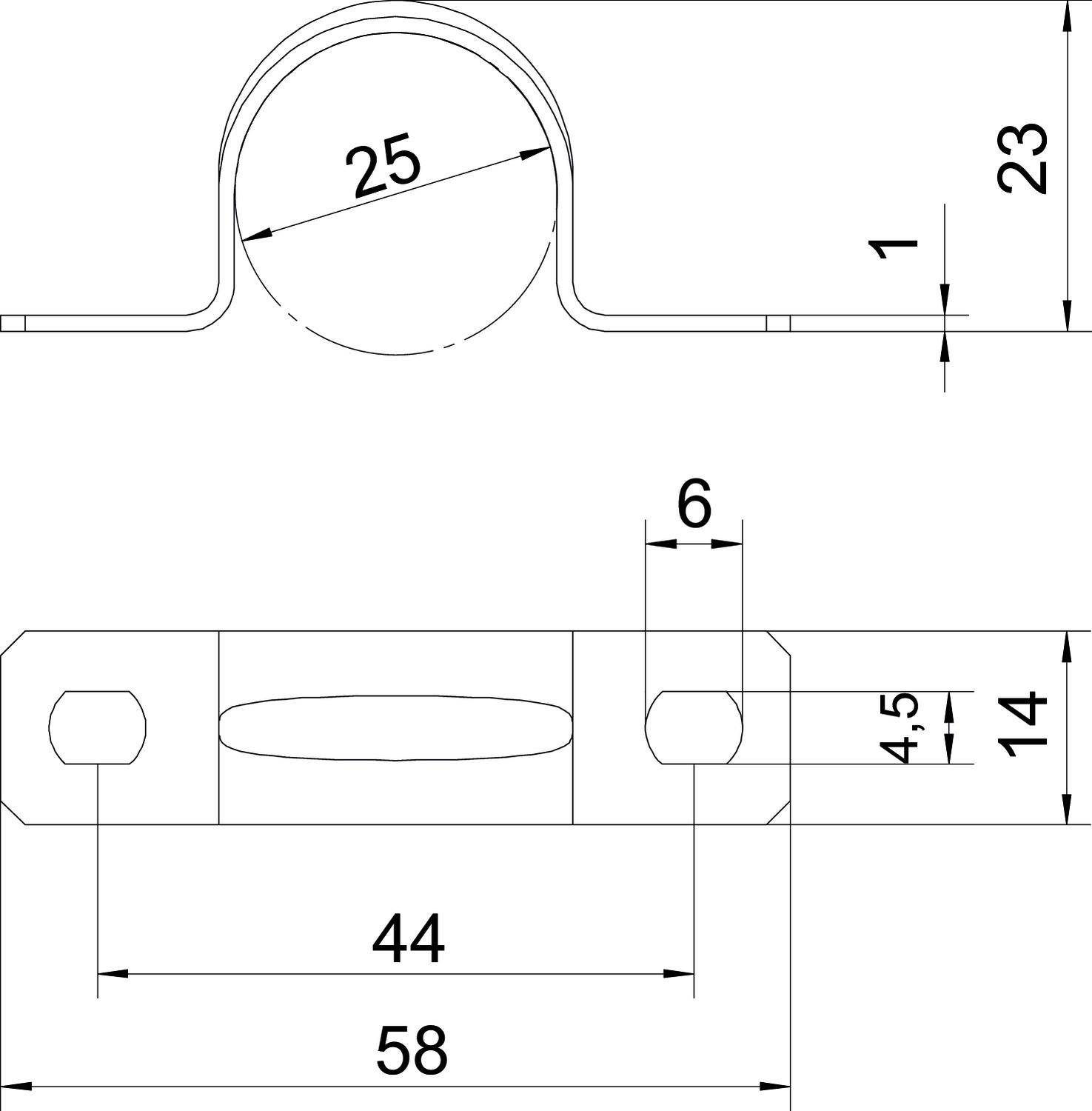 Technical drawing of a pipe with mounting bracket. Top: Circle with diameter 25, height 23. Bottom: Rectangle with length 58, width 14, details: 6, 4.5, 44.