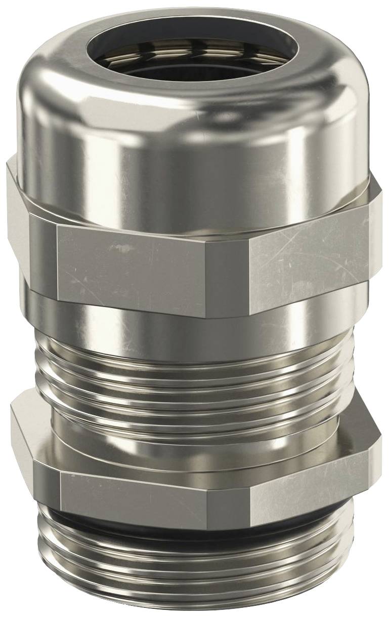 Metal cable gland with hexagonal nuts, suitable for industrial applications. It provides protection and stability for cable connections.