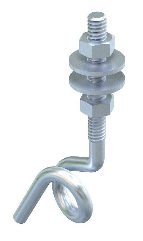 Metal component with thread, two nuts, two washers, and a spiral-shaped bend at the end. Rotating and assembly component.