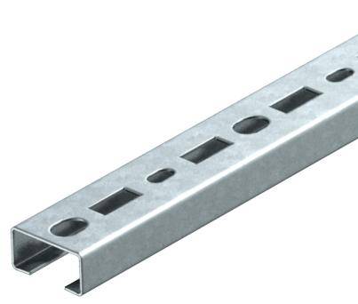 A galvanised steel mounting channel with rectangular and round openings, depicted from a diagonal perspective.