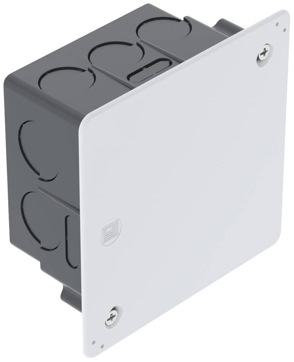A grey distribution box with multiple cable connections on the side covers. The front is secured with two screws.