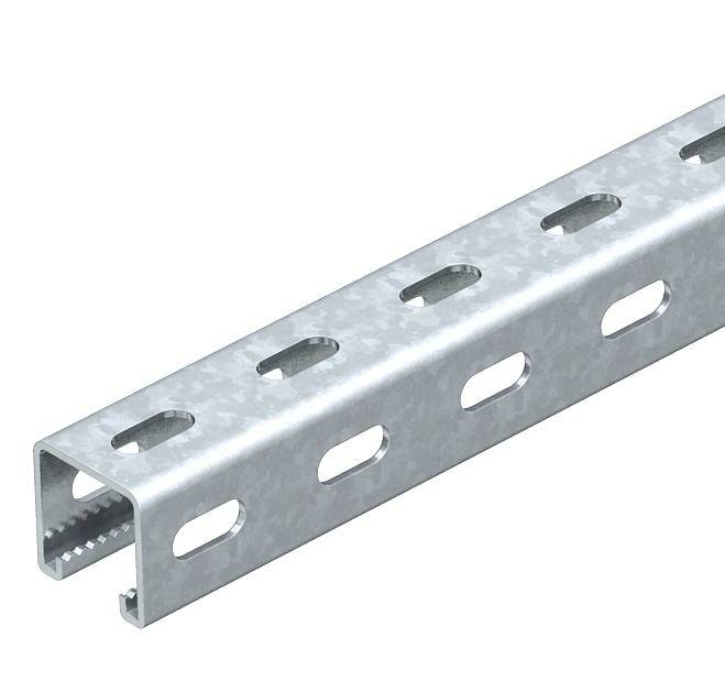 Metal rail with oval holes along its length, suitable for fixing and supporting structures.