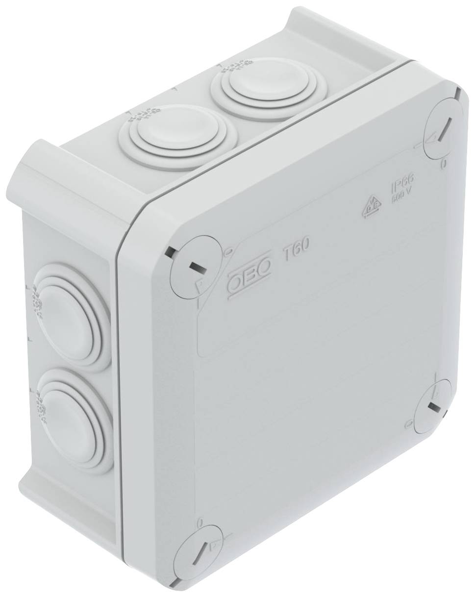 Grey electrical junction box with multiple cable entries and a removable cover, suitable for indoor installations.
