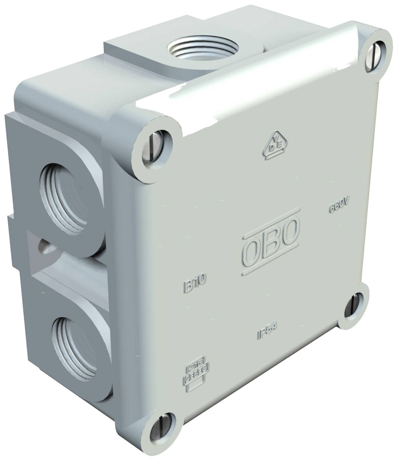 A rectangular, metallic distribution box with multiple lateral connection openings and the 'OBO' imprint.