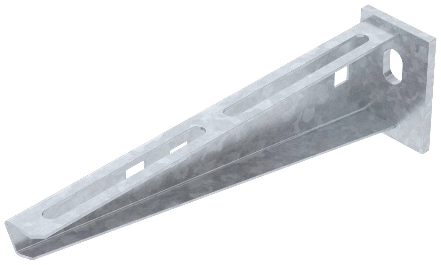Metal angle brackets with multiple slots and holes for wall mounting; suitable for supporting shelves.