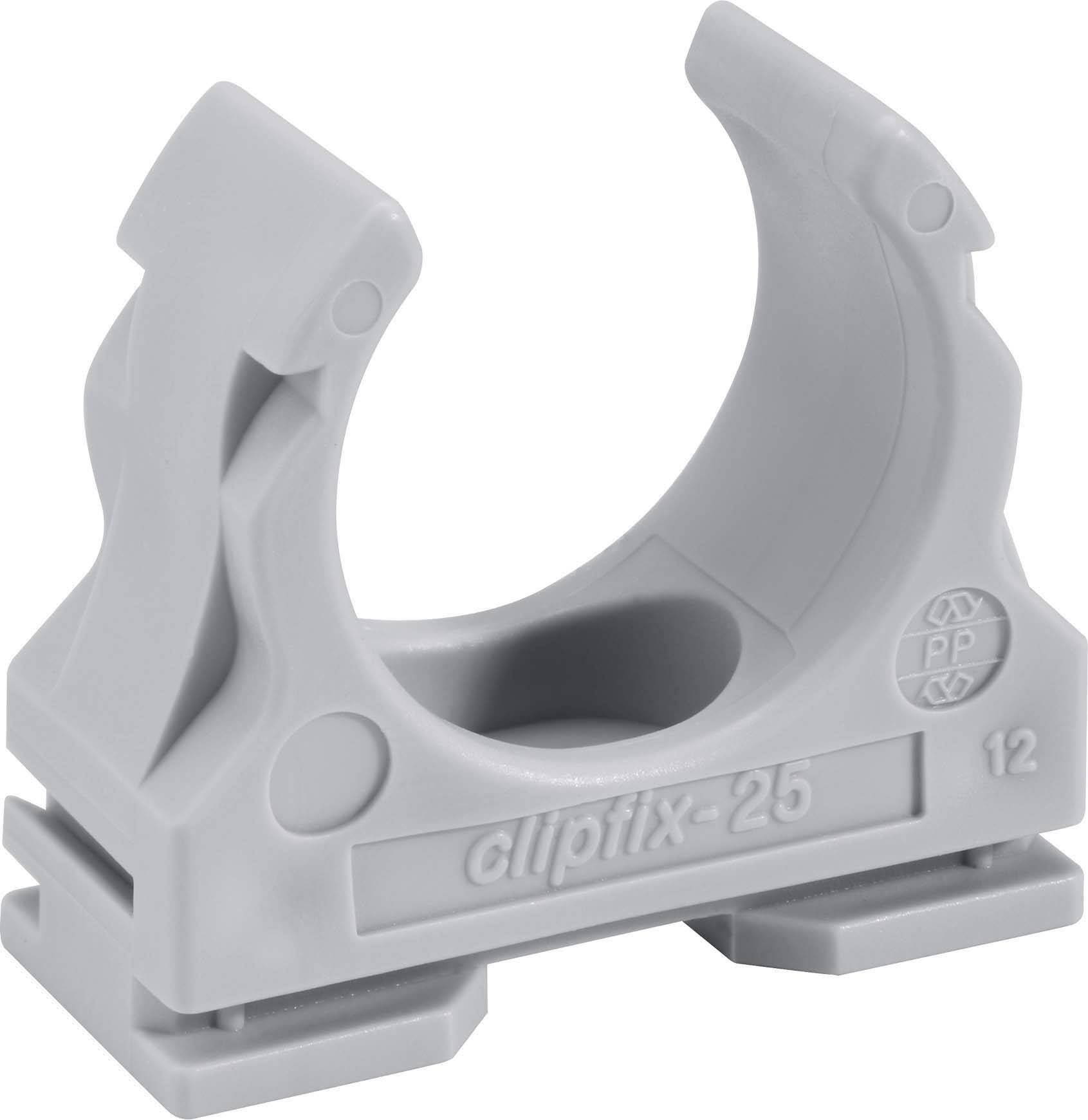 Grey plastic pipe clip, labelled 'clipfix-25', suitable for pipes up to 25 mm in diameter.