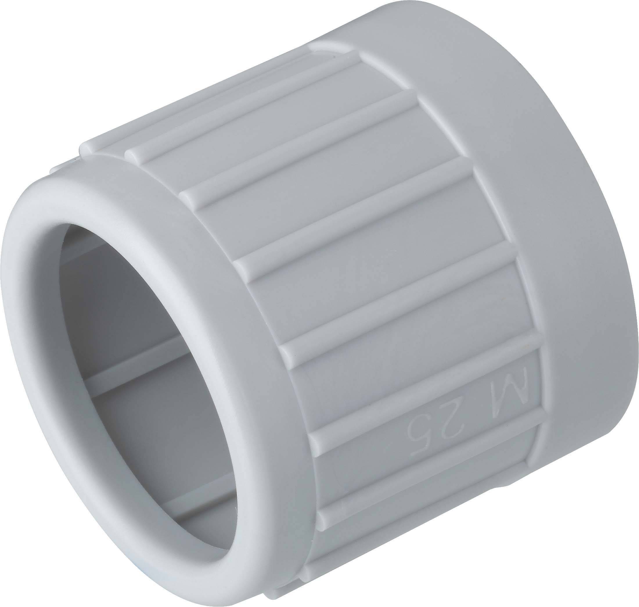 Grey plastic closure piece with a ribbed surface and engraved marking 'M 25', cylindrical in shape.
