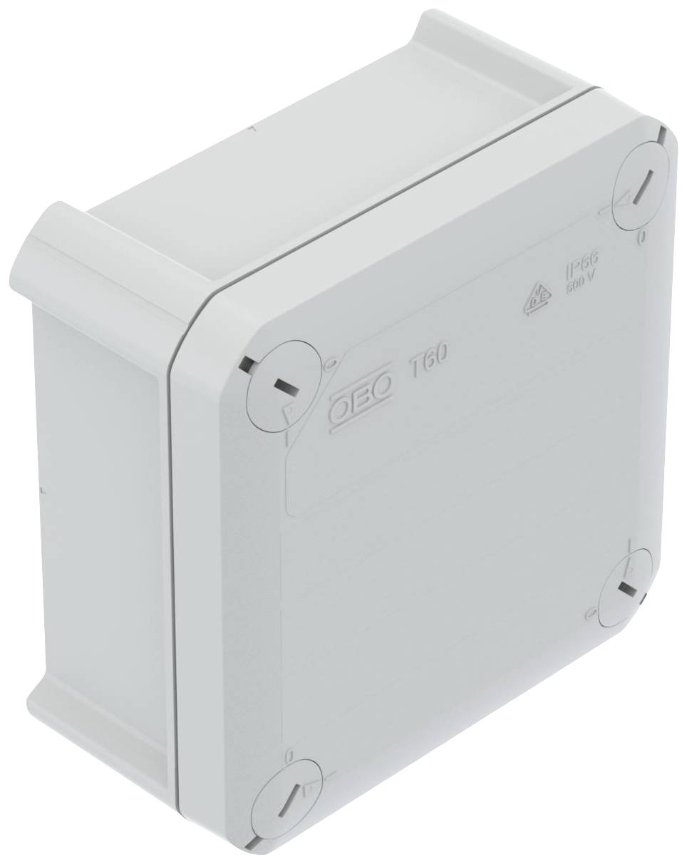 A grey, square plastic distribution box with removable side panels and rounded corners.