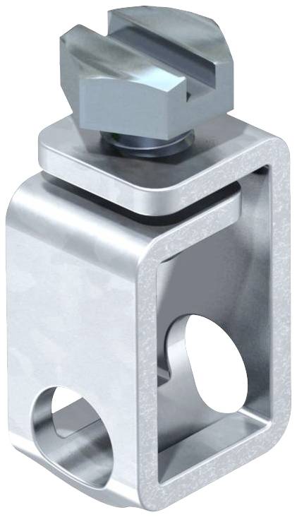 Metal fixing clip with a square structure and screw on top, used for securing in construction or assembly solutions.