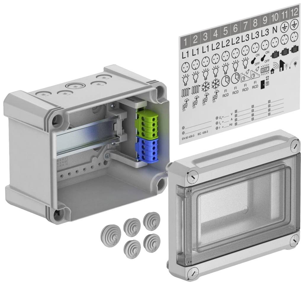 Electrical socket with a removable lid, multiple connections and four screws; next to it is a circuit diagram with symbols.