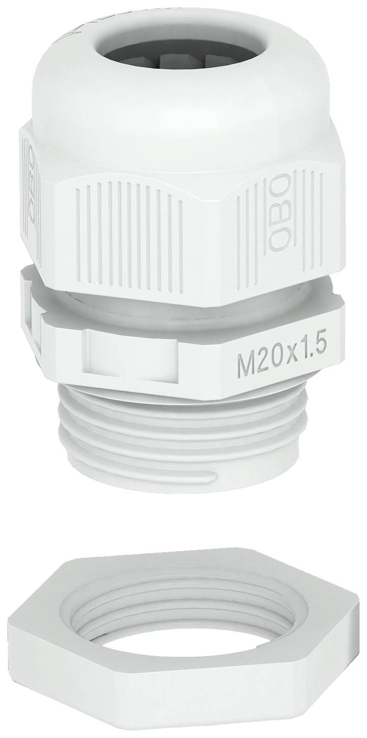 Plastic cable gland in white, size M20x1.5, with corresponding hexagon nut.