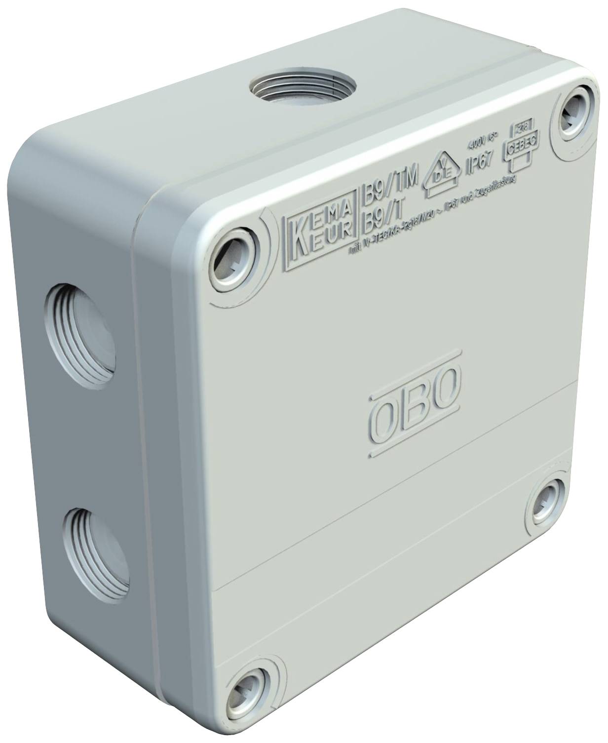 Grey, square junction box with multiple entry points, suitable for electrical installations in indoor and outdoor areas.