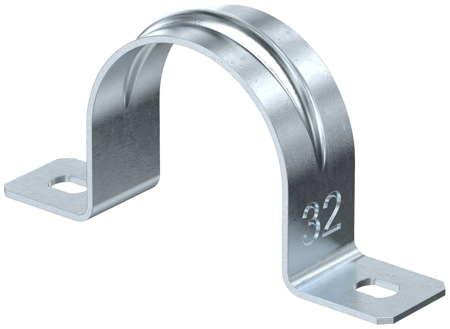 Metal half-clip with two fixing holes and embossed number '32'. Suitable for securing pipes or cables to walls.