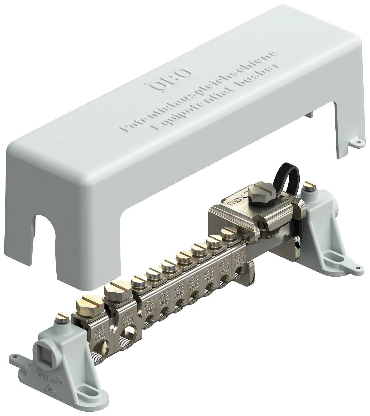 Shown is an earthing busbar with a plastic cover. It is used for equipotential bonding in electrical installations.