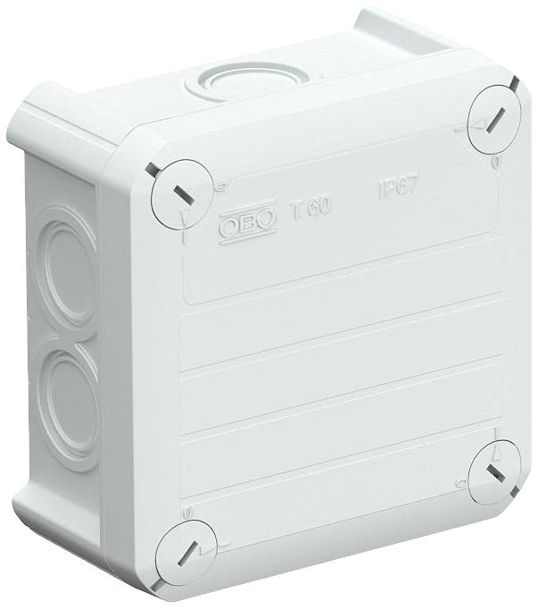 White plastic junction box with the marking 'OBO T 60 IP67'. Suitable for outdoor applications, dust and waterproof.