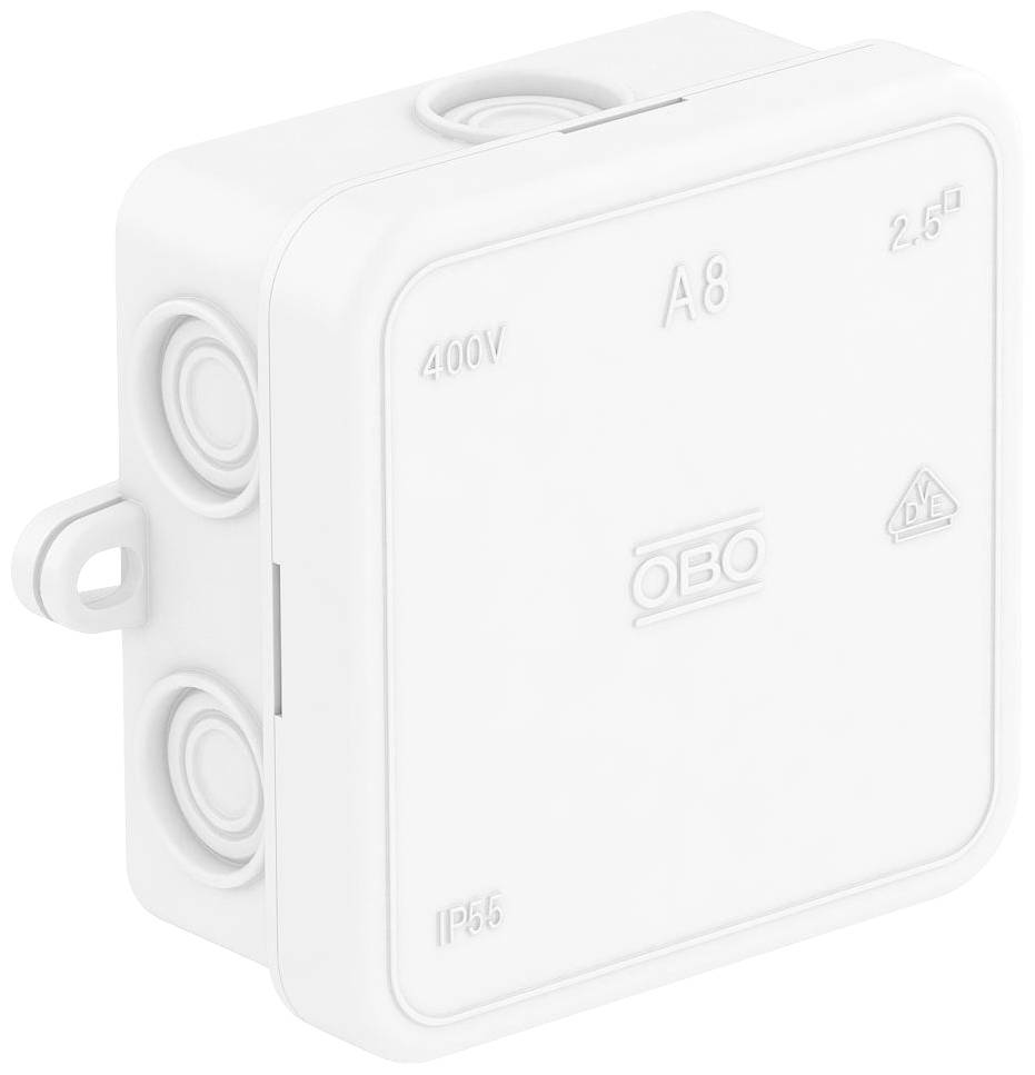 A white, rectangular distribution box with the inscription 'OBO A8 400V IP55' and several round cable entries on the sides.