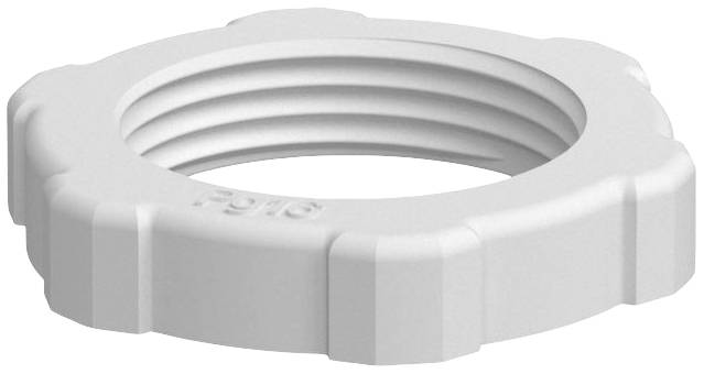 A white, hexagonal plastic threaded fitting with internal thread, typically used for securing pipes or cables.