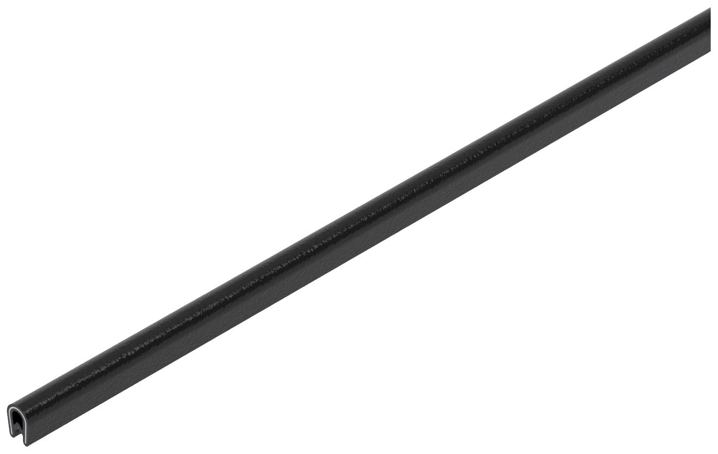 A long, black rubber profile with a U-shaped opening, used for sealing edges or gaps.