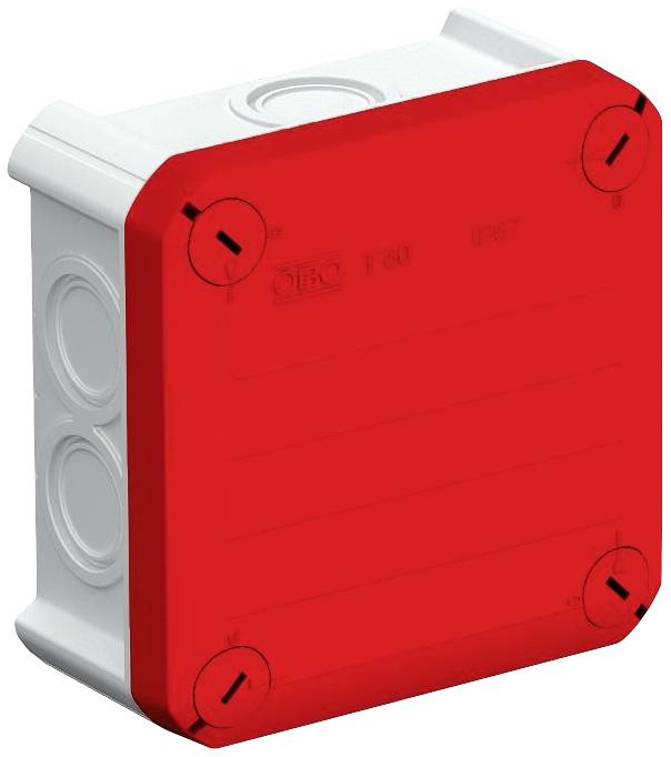 A rectangular, red surface-mounted distribution box with rounded corners and multiple cable entries on the side.