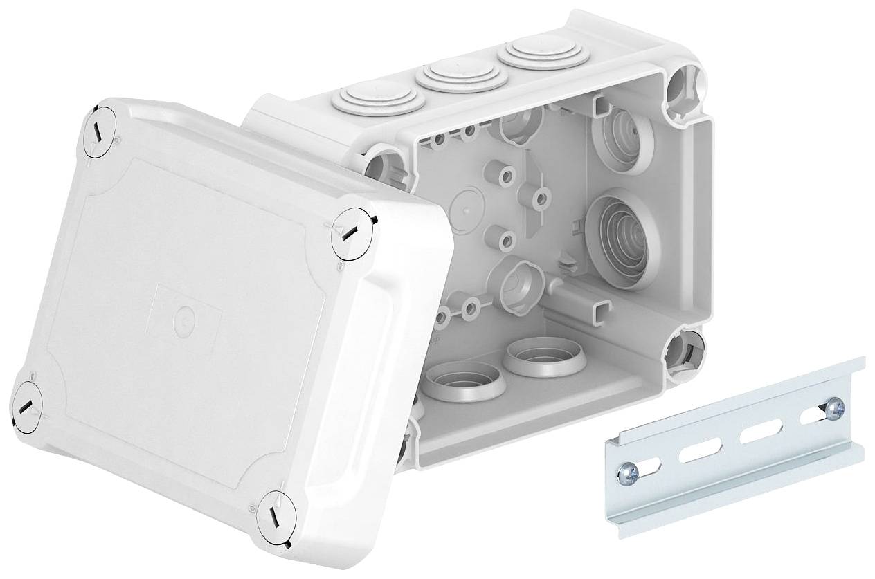 An open white junction box with a removable lid and multiple cable entry points, alongside a metal mounting bracket.