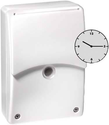 A white, rectangular plastic box with a small round opening in the centre. A clock is pictured top right at 3:00.