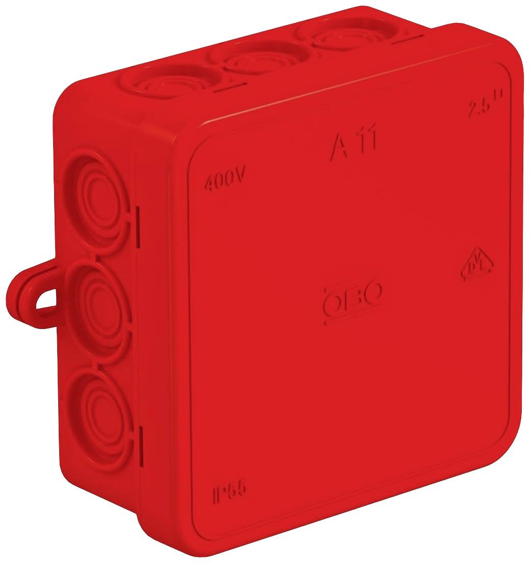 Red junction box with multiple cable entries and a '400V' marking, suitable for electrical installations.