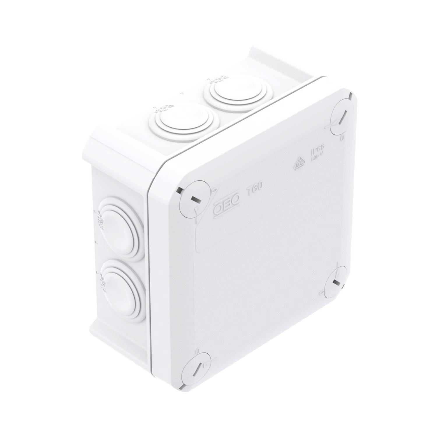 White electric junction box with four visible screws; suitable for cable management and electrical installations.