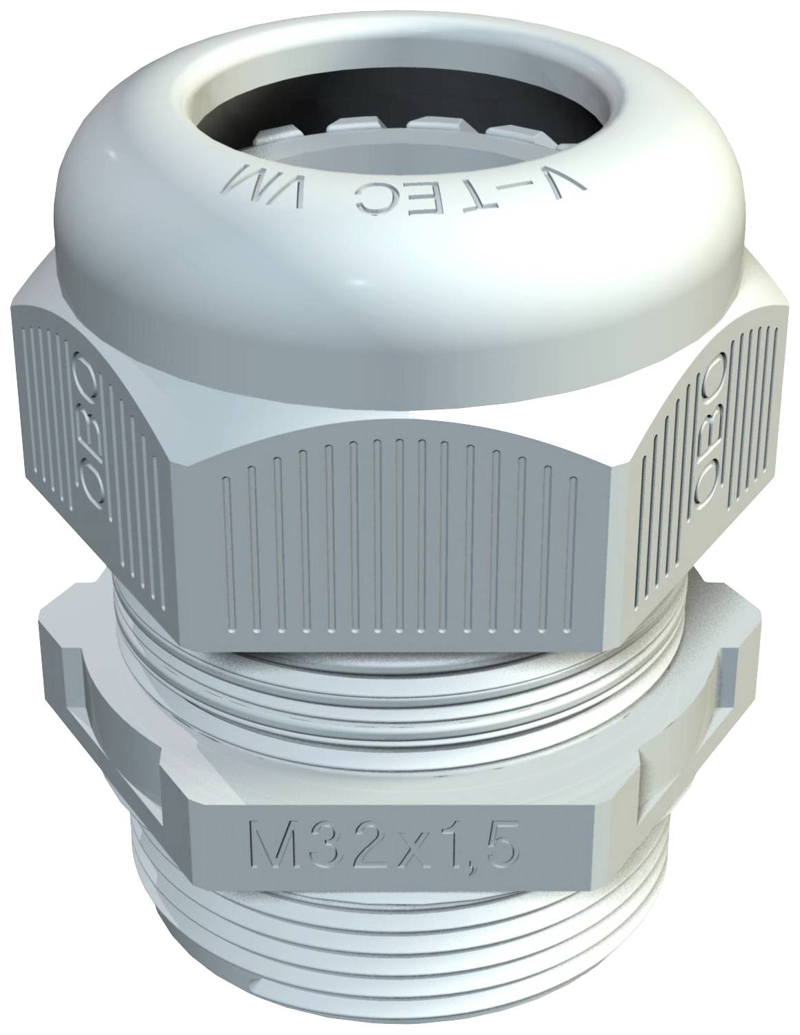 Grey cable gland with the marking 'M32x1.5' and 'V-TEC VM', for cable mounting and protection in electrical installations.