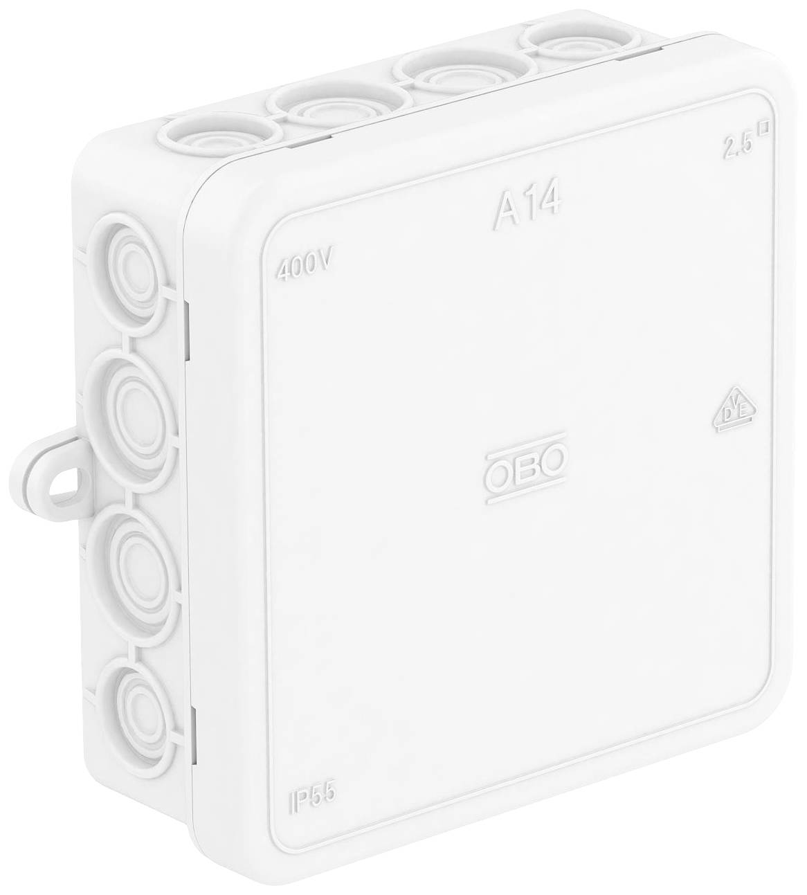A white, square junction box housing with the inscription 'OBO'. Additional specifications: 'A14', '400V', '2.5mm²', 'IP55'.