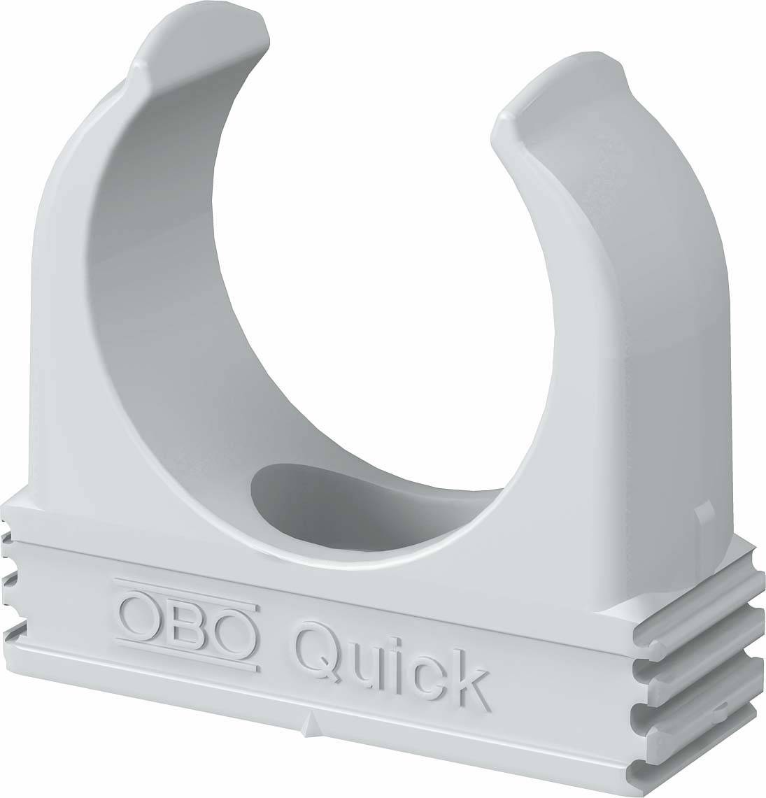 Grey plastic cable clip holder with 'OBO Quick' printed on the front. Design for cable securing.