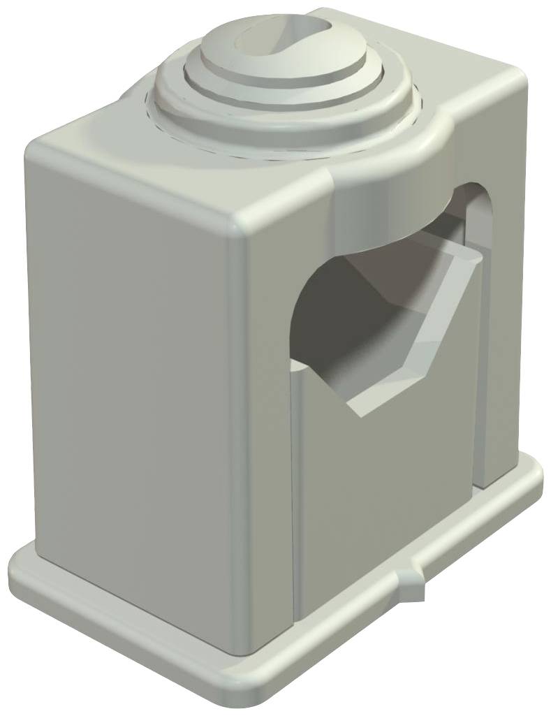 A grey, cube-shaped component with a vertical recess on the front face and a stepped structure on the top surface.