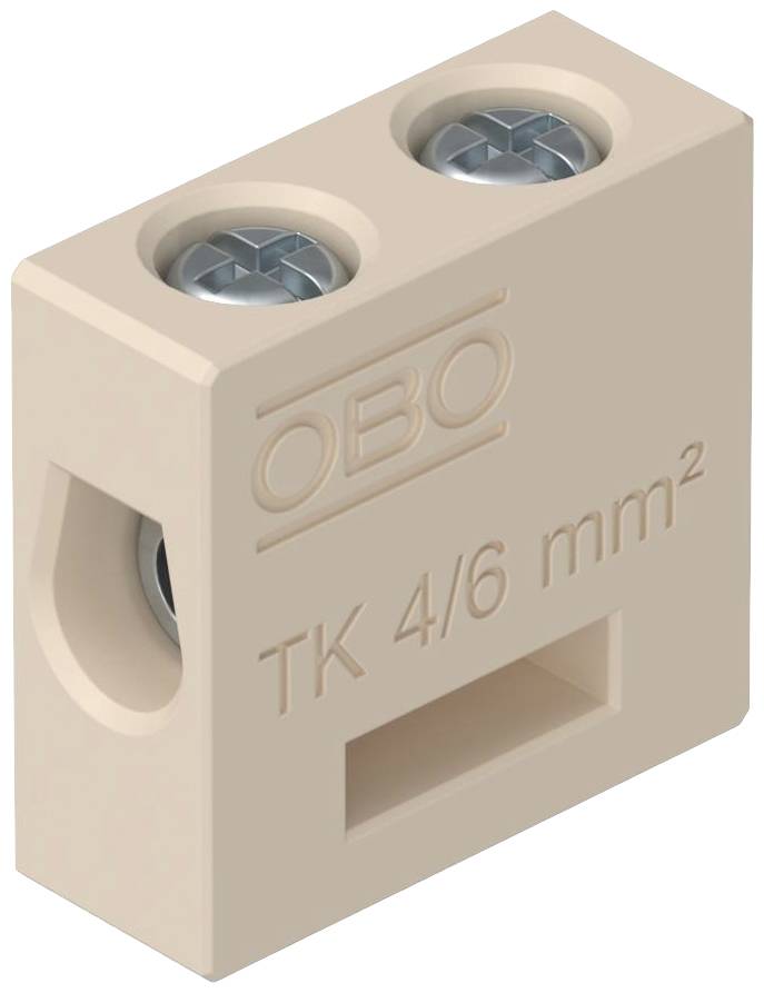 Electrical terminal block in beige plastic with two screw connections. Marked with 'OBO' and 'TK 4/6 mm²'.