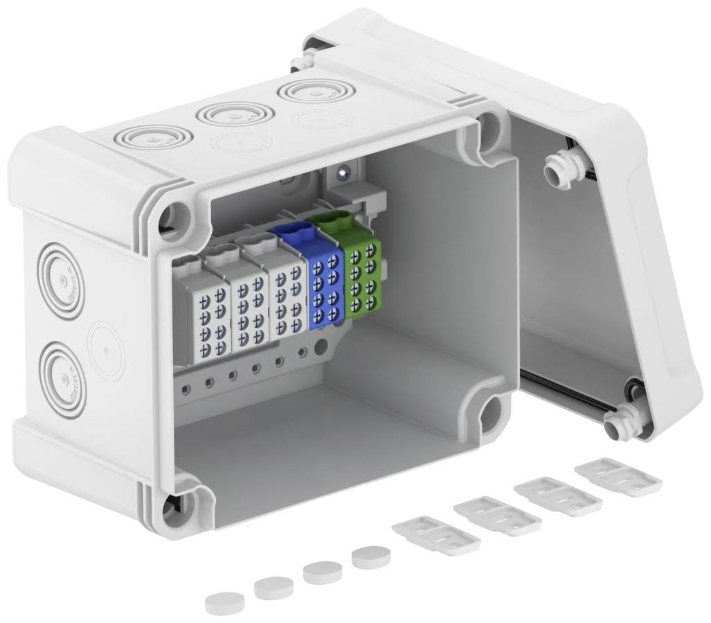 White, rectangular electrical junction box with an open lid, containing multiple coloured terminal blocks for cable connections.