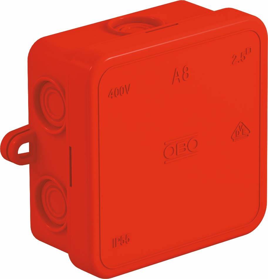 Red, rectangular electrical junction box with multiple cable openings, marked with '400V', 'A8', '2.5', 'IP55' and a test seal.