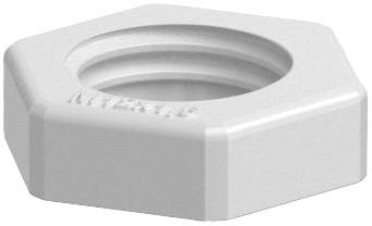 Hexagonal metal nut, silver in colour, with internal threading, used for securing bolts to surfaces.