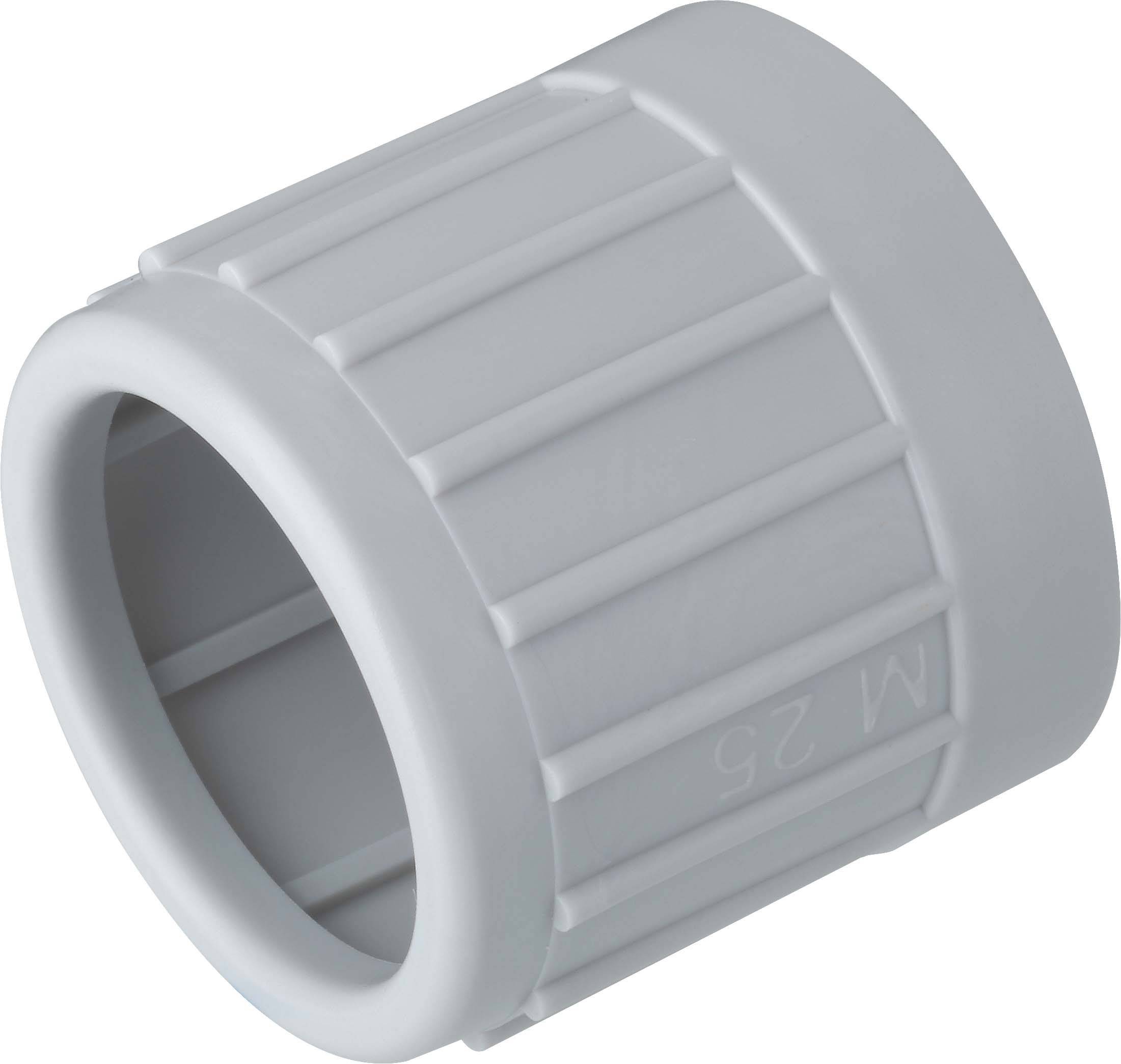 Grey plastic cap, cylindrical with a ribbed handle, bearing the marking 'M25'.