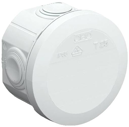 A round, grey electrical junction box with the inscription 'OBO T 25 IP65', for use in domestic electrical installations.
