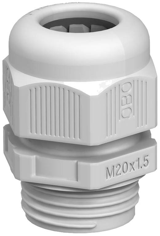 White cable gland with 'M20x1.5' marking, used for secure cable fastening and sealing in electrical installations.