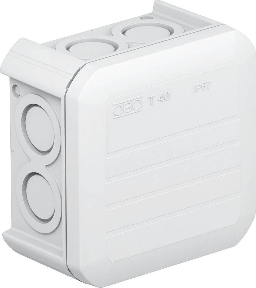 A rectangular grey cable junction box with round seals on the sides and the marking 'OBO T 40 IP67'.