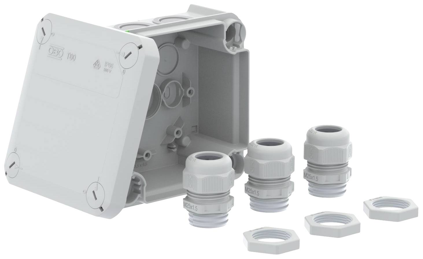 Electrical junction box with three cable glands on a white background. Suitable for connecting cables, providing protection and stability.