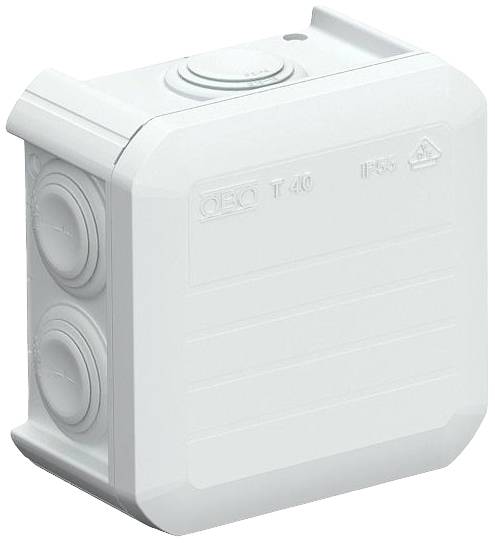 White junction box with rounded corners and multiple side entries, suitable for electrical installations in indoor or outdoor areas.