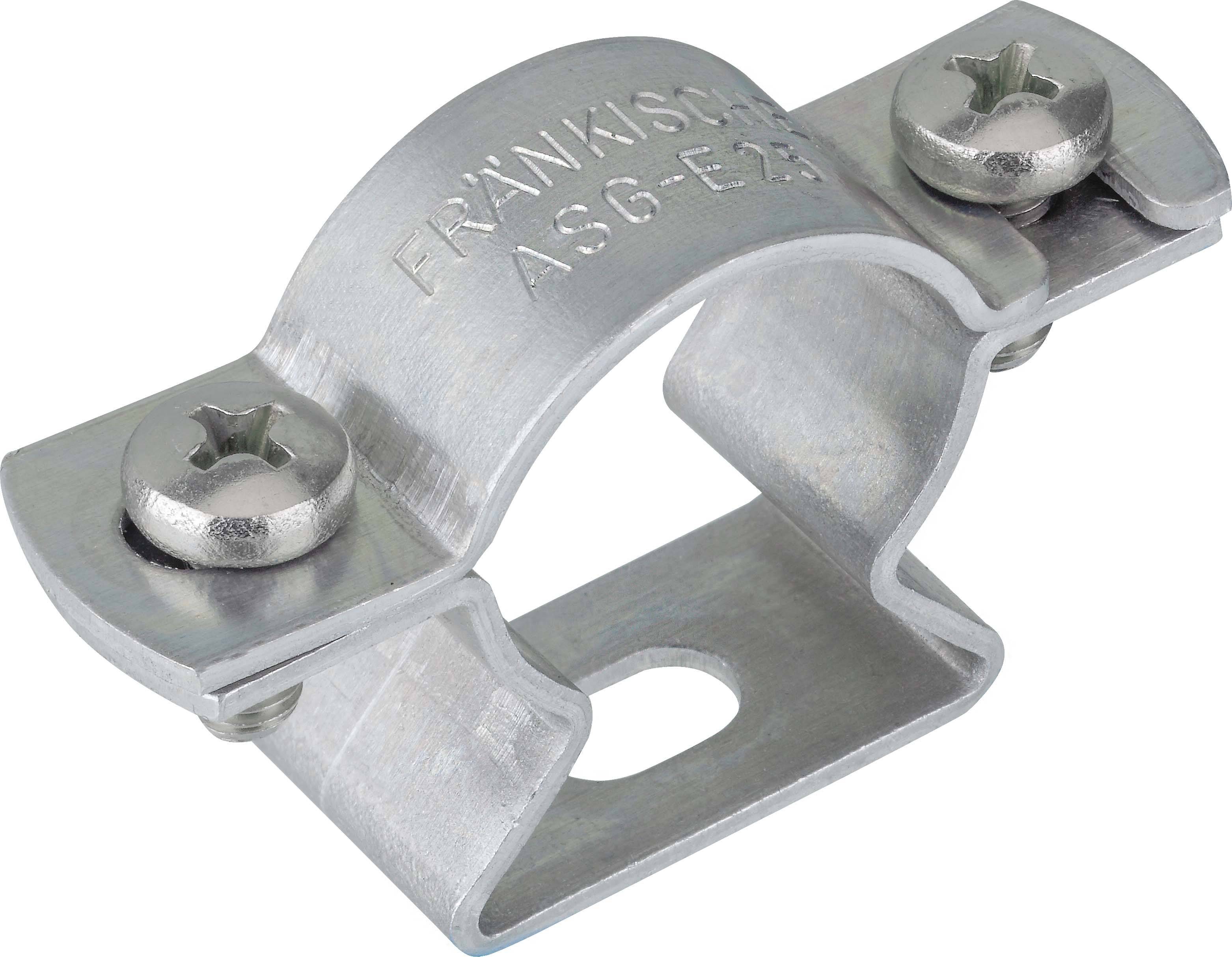 Metal pipe clip with screws, marked 'FRÄNKISCHE ASG-E25', for securing pipes or cables to surfaces.