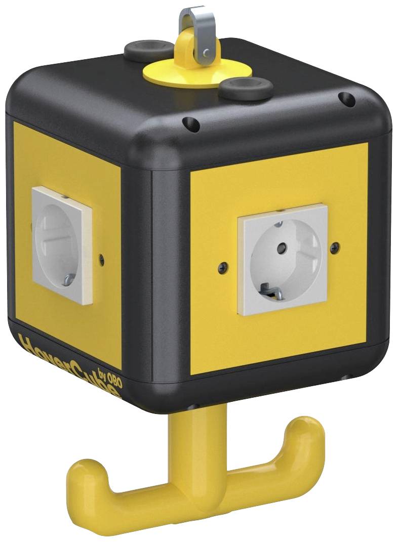 Yellow and black multi-socket cube adapter with sockets on each side, suitable for hanging items, compact and versatile.