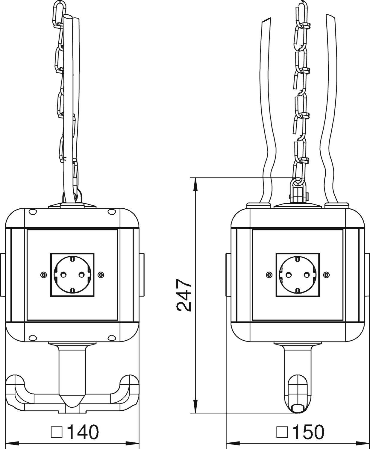 Technical drawing of a device with dimensions: 140 mm width, 247 mm height and 150 mm depth. Shows front and side view.
