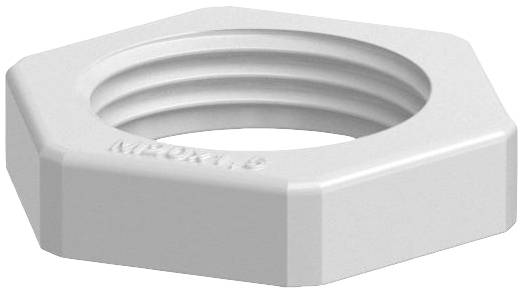 A white hexagonal nut with the cast text 'M20x1.5'. It has an internal thread and is used for threaded connections.