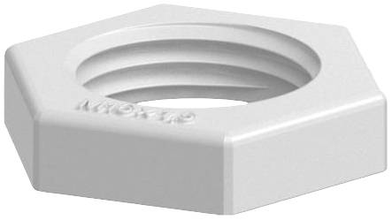 White hexagonal plastic nut with internal thread, slightly rounded edges and the inscription 'MOTV' on the surface.