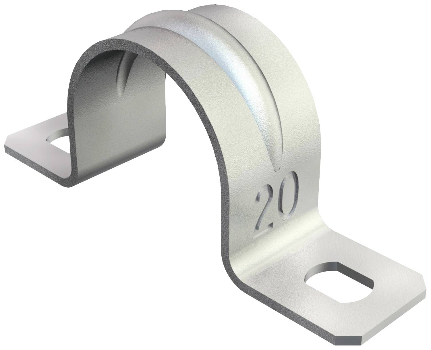U-shaped metal pipe clip, silver-coloured and shiny, engraved with the number '20'. Used for securing pipes or cables to walls.