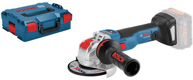 Bosch Battery Sander with L-Boxx: Blue and black device with matching transport case. Direct view showcasing model and design.